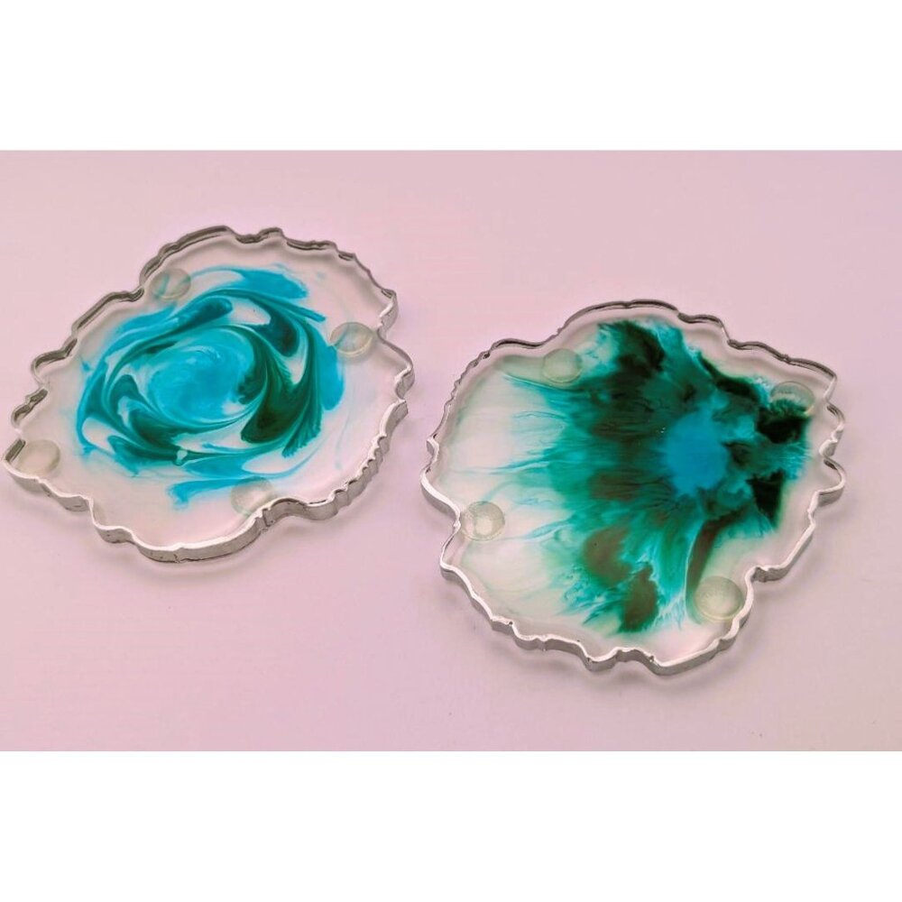 Small Coasters Pair Clear w/Green Centers Geode Shape Silver Edged Hand Made New